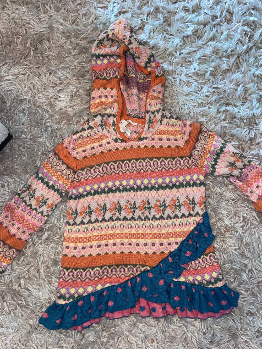 Matilda Jane Orange-Trim Knit Hooded Dress with Multicolor Pattern